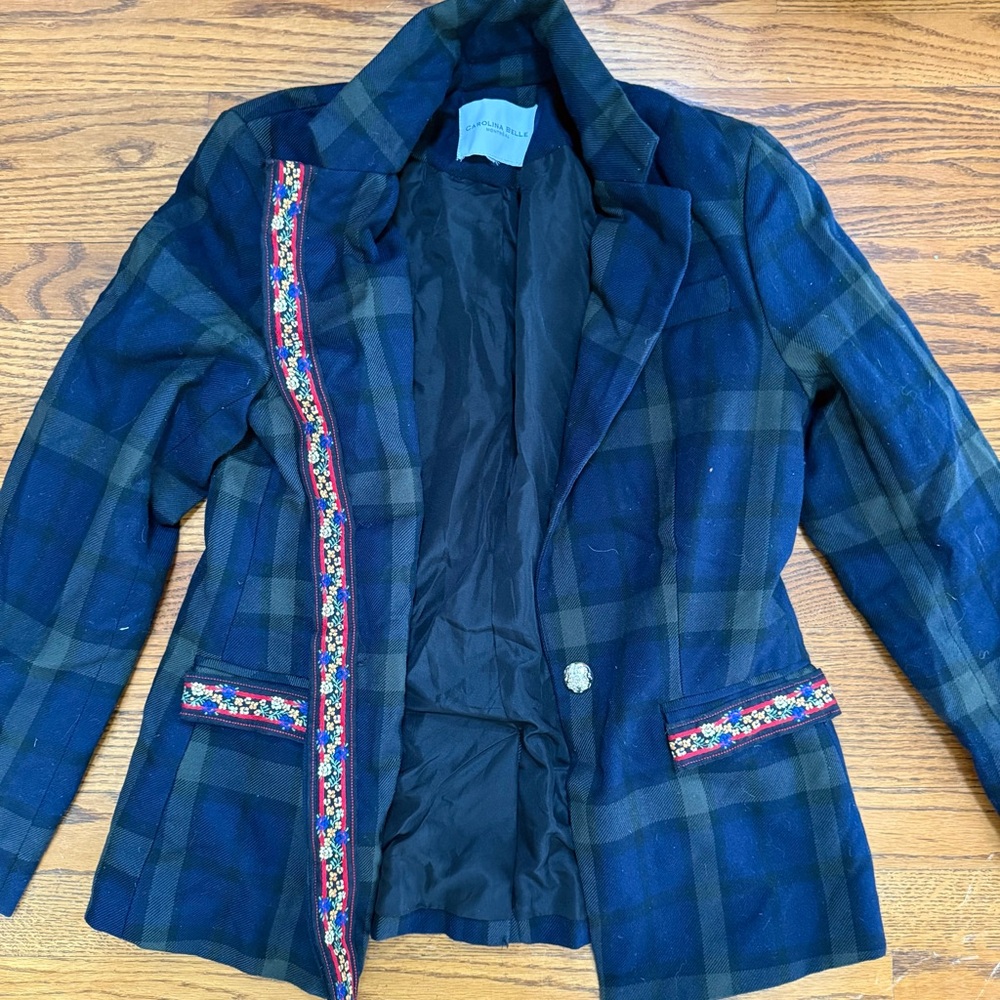 Vintage CAROLINA BELLE Blue Green Plaid w/ Emb Accents Jacket Blazer  Size M